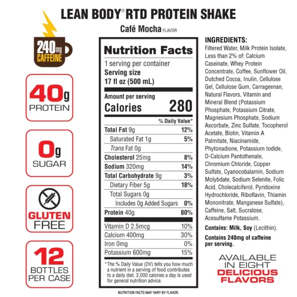 Labrada Lean Body Protein Shake Listo Para Beber Sabor Café Mocha 12 pack Con CAFEINA - Image 2